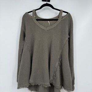 Free People Cold Shoulder Top Womens Small Green Thermal Knit Long Sleeve Woman’